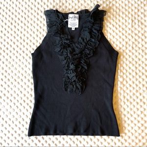 Joseph Ribkoff Black Rib Knit Sleeveless Top. Ruffle Detail and Front Zipper. M
